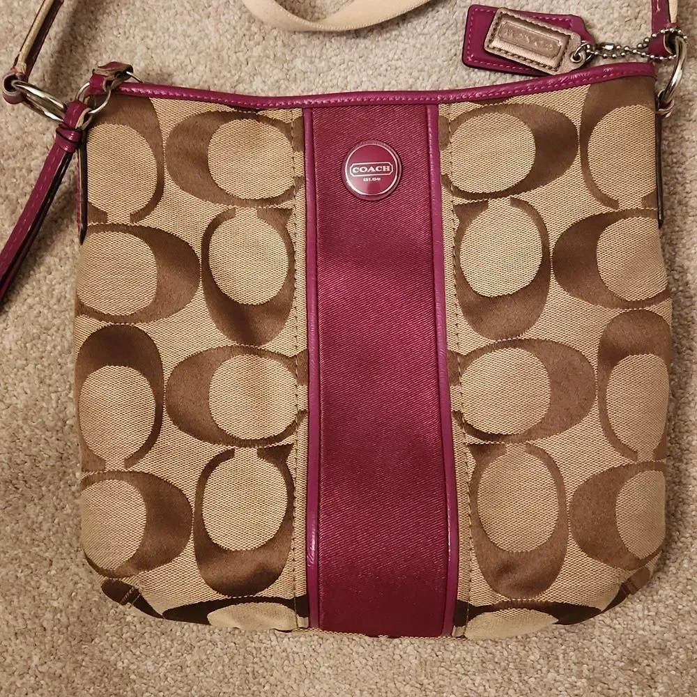 Coach Signature Stripe Crossbody Bag Fuschia Purple & Brown